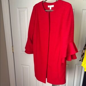 Emerson Rose, bright red knit long line blazer coat with Dramatic Flared Sleeves